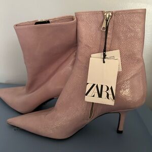 Zara Lilac Blush Leather Pointed Toe Heeled Ankle Boots